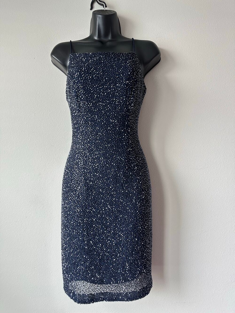 Vintage Y2K Cache Dark Blue Beaded Cocktail Mini Dress Sheer Hem Party Size 8